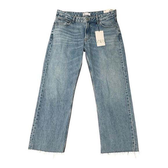 NWT ZARA Mid Rise Cropped Straight Leg Light Blue Denim Jeans 8 Relaxed Fit Crop - Picture 7 of 11